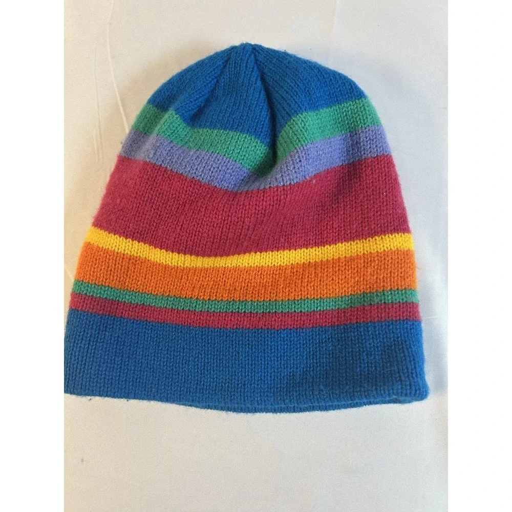 Vintage 80/90's Beanie Multicolor Striped Knit Youth Sz 7/14 Acrylic Wool Retro